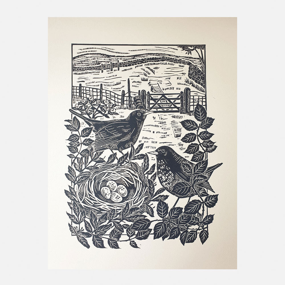 Blackbirds Slate Grey on Cream